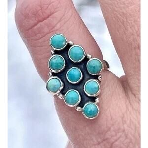 NATIVE Style Turquoise Cluster Ring Sterling Silver Southwest Statement Size 8